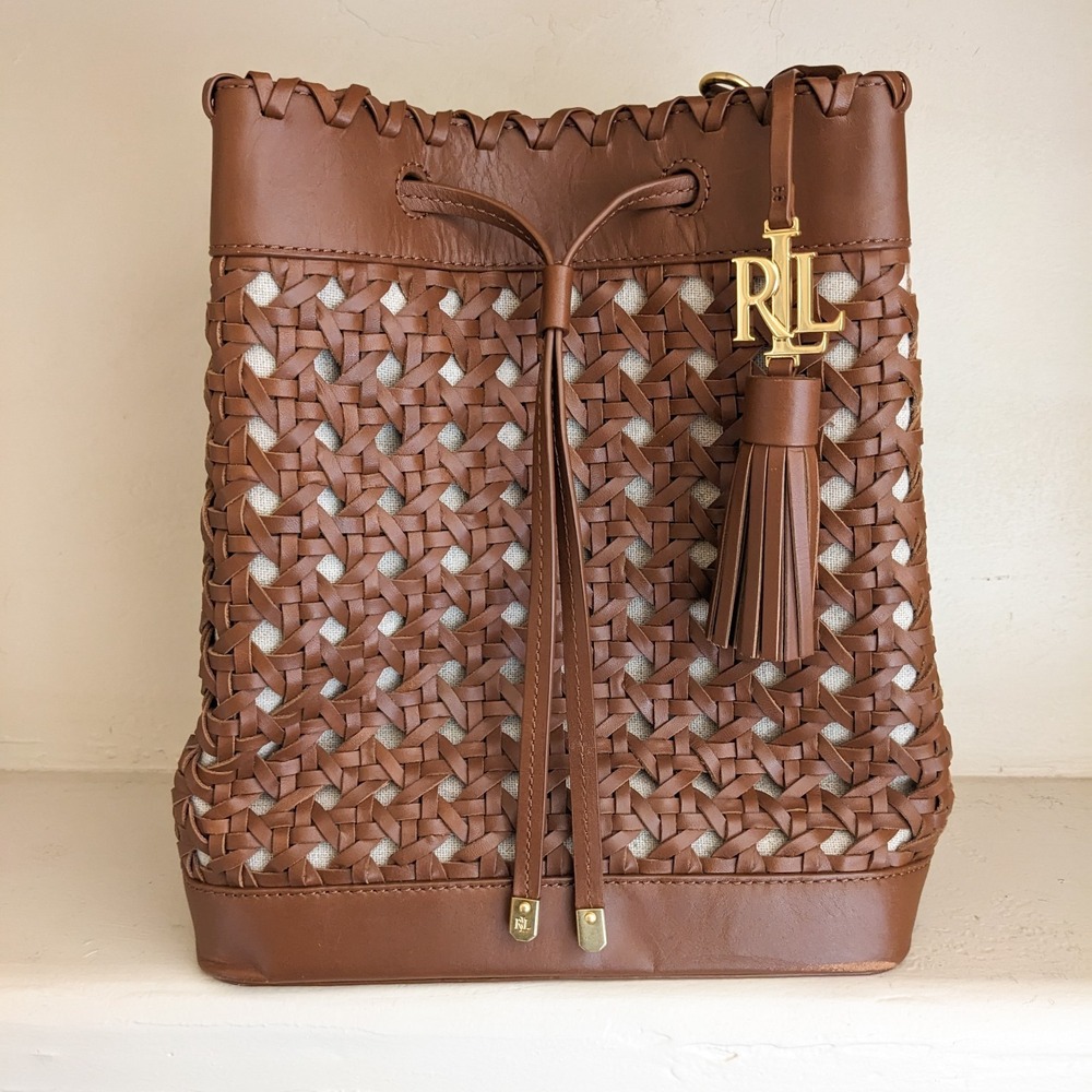 Lauren Ralph Lauren Woven Leather Bucket Bag Field Brown Diana Portwood Tote - Picture 1 of 16